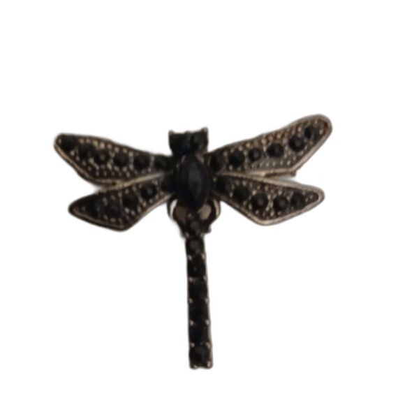 Vintage Dragonfly Brooch Pin – Silver Tone with Black Rhinestones 1" - Picture 1 of 3